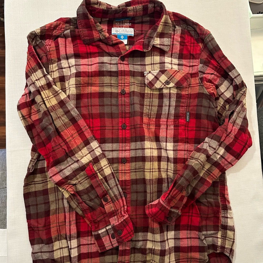 Columbia 100% Cotton Omniwick Men’s Plaid Flannel Red Tan and Brown Size Large